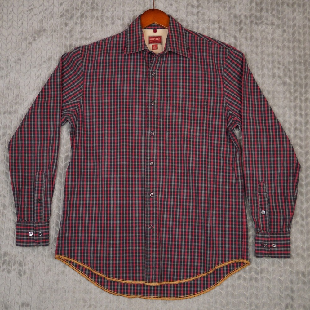 Hilfiger Denim Shirt Mens Small Red Black Plaid Button Down Cotton Vintage Fit‎